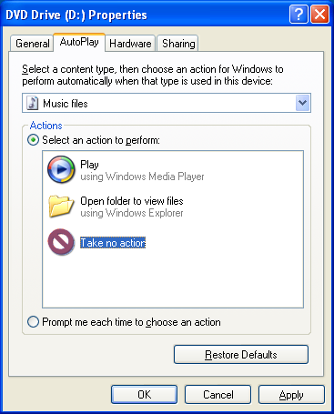 Disabling Autoplay via GUI (Windows XP)